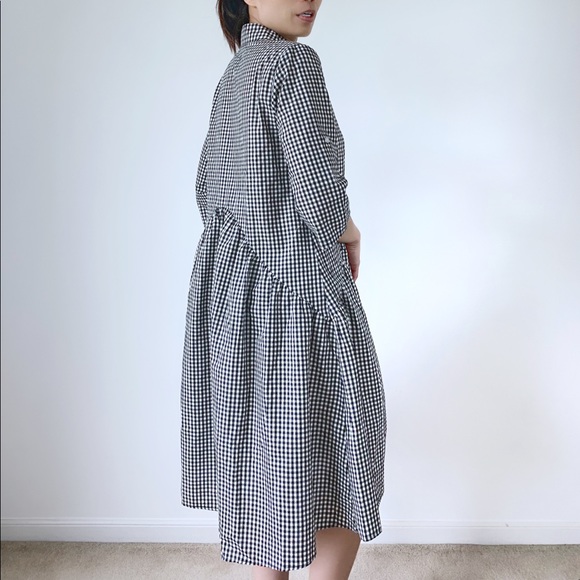 BLACK WHITE GINGHAM PLAID BUTTON DOWN MIDI DRESS - Picture 4 of 8